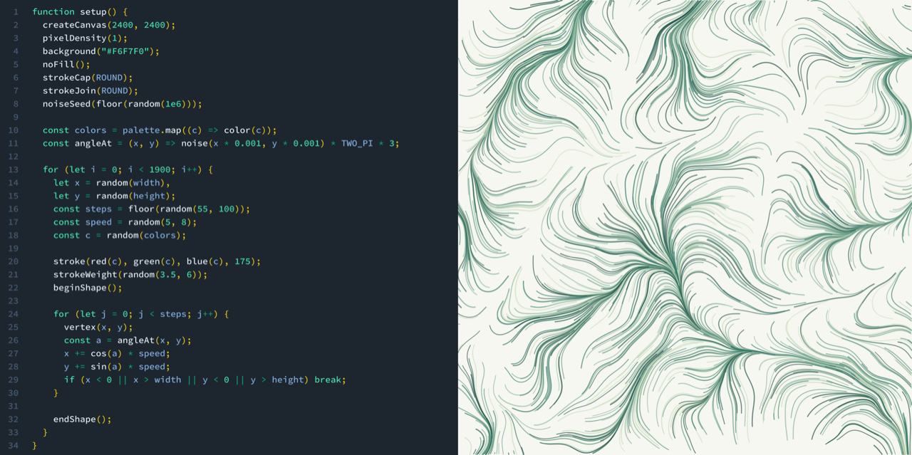 p5.js code beside a generative artwork of green flowing lines